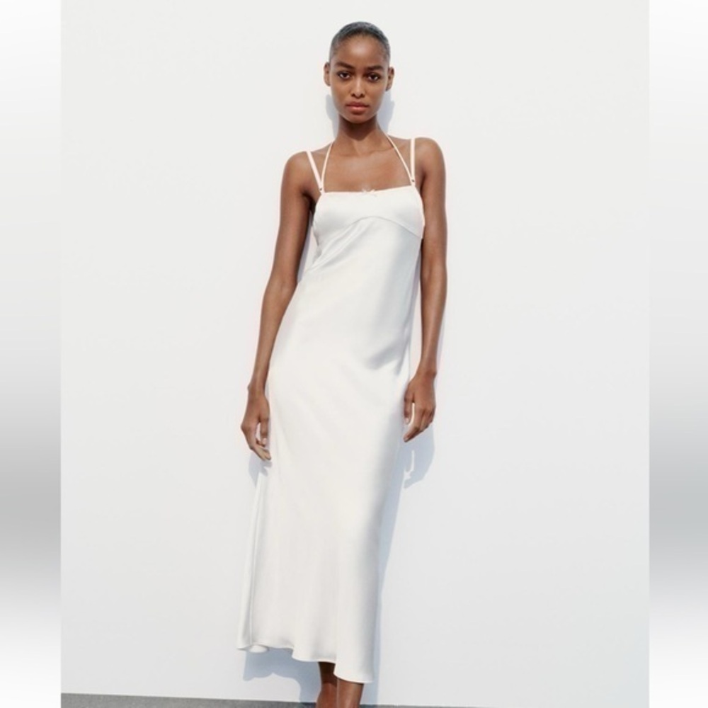 Zara NWT White Satin Halter Backless Midi Slip Dress Small 2483/841